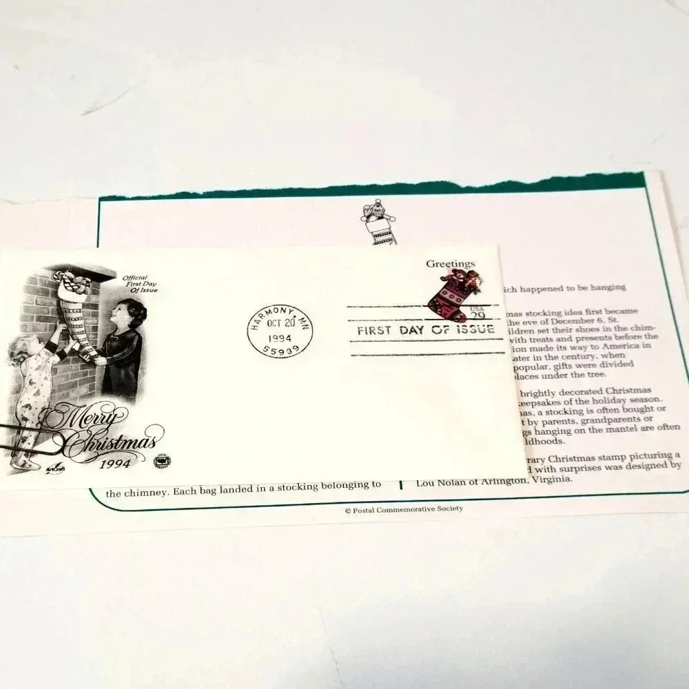 US Postal Service 1994 Christmas Stamp First Day of Issue Stocking .29 Cent